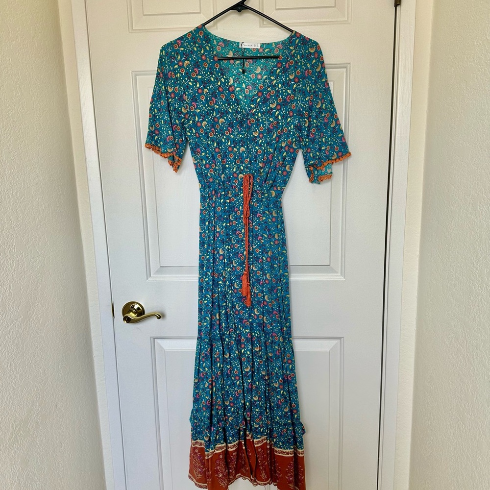 Floral Blue and Orange Maxi Dress